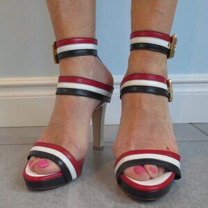 NIB DSQUARED2 Red White and Navy Blue High Heel Platform Sandals